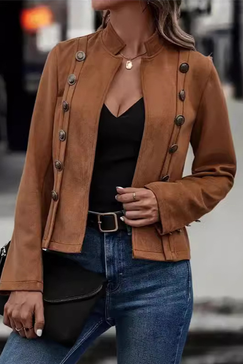 Vêtements d'extérieur décontractés, style streetwear, couleur unie, boutons, patchwork, col montant demi-hauteur.