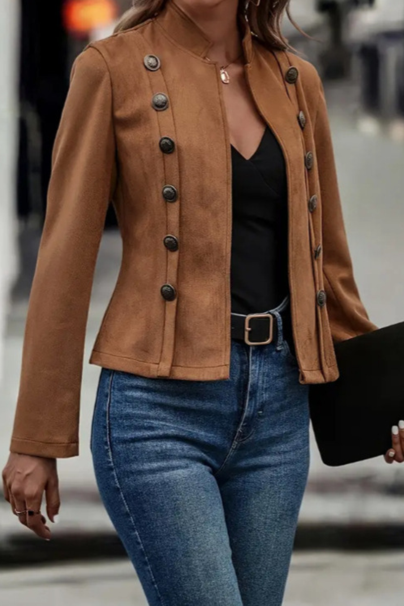 Vêtements d'extérieur décontractés, style streetwear, couleur unie, boutons, patchwork, col montant demi-hauteur.