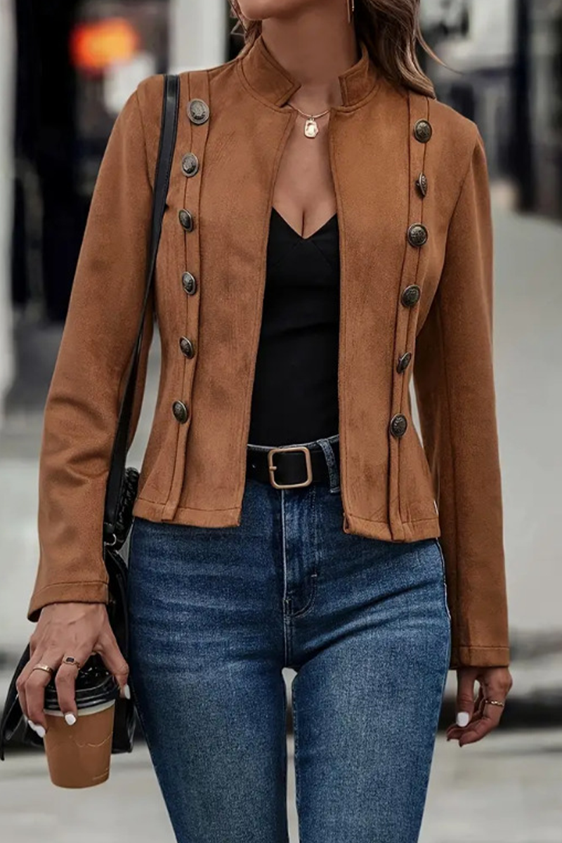 Vêtements d'extérieur décontractés, style streetwear, couleur unie, boutons, patchwork, col montant demi-hauteur.