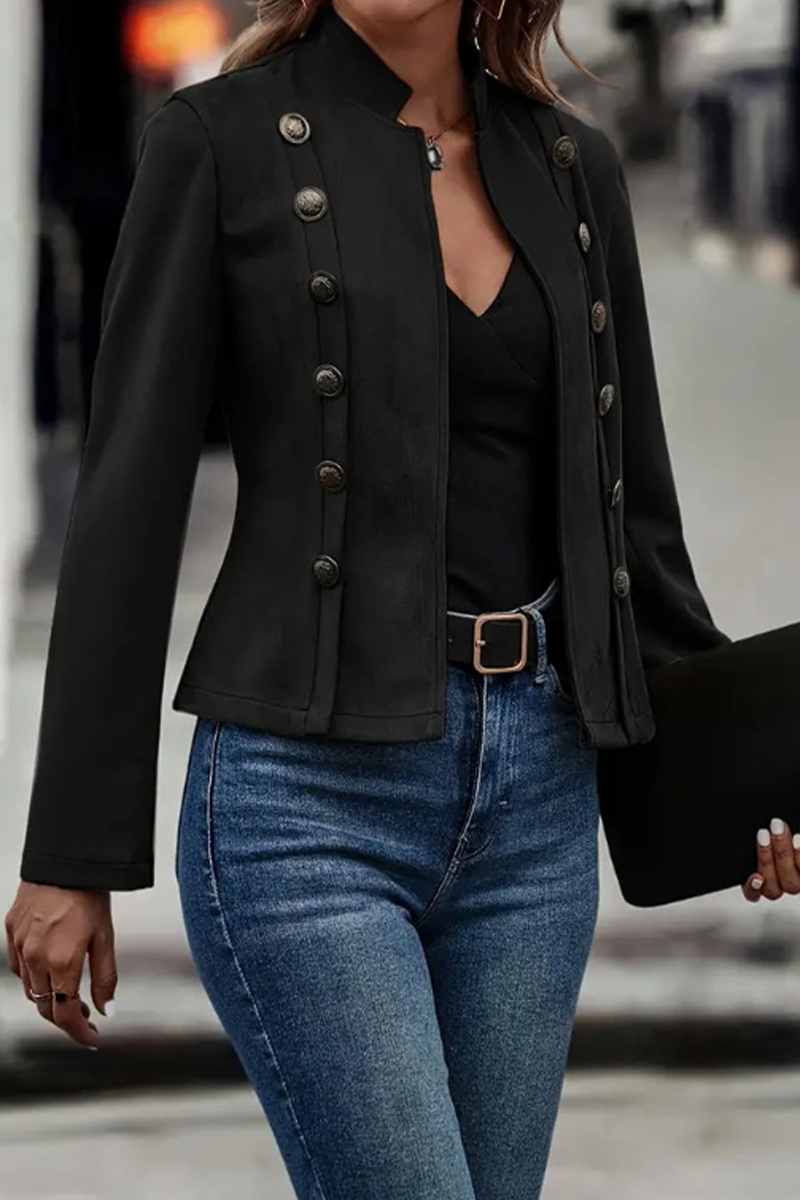 Vêtements d'extérieur décontractés, style streetwear, couleur unie, boutons, patchwork, col montant demi-hauteur.