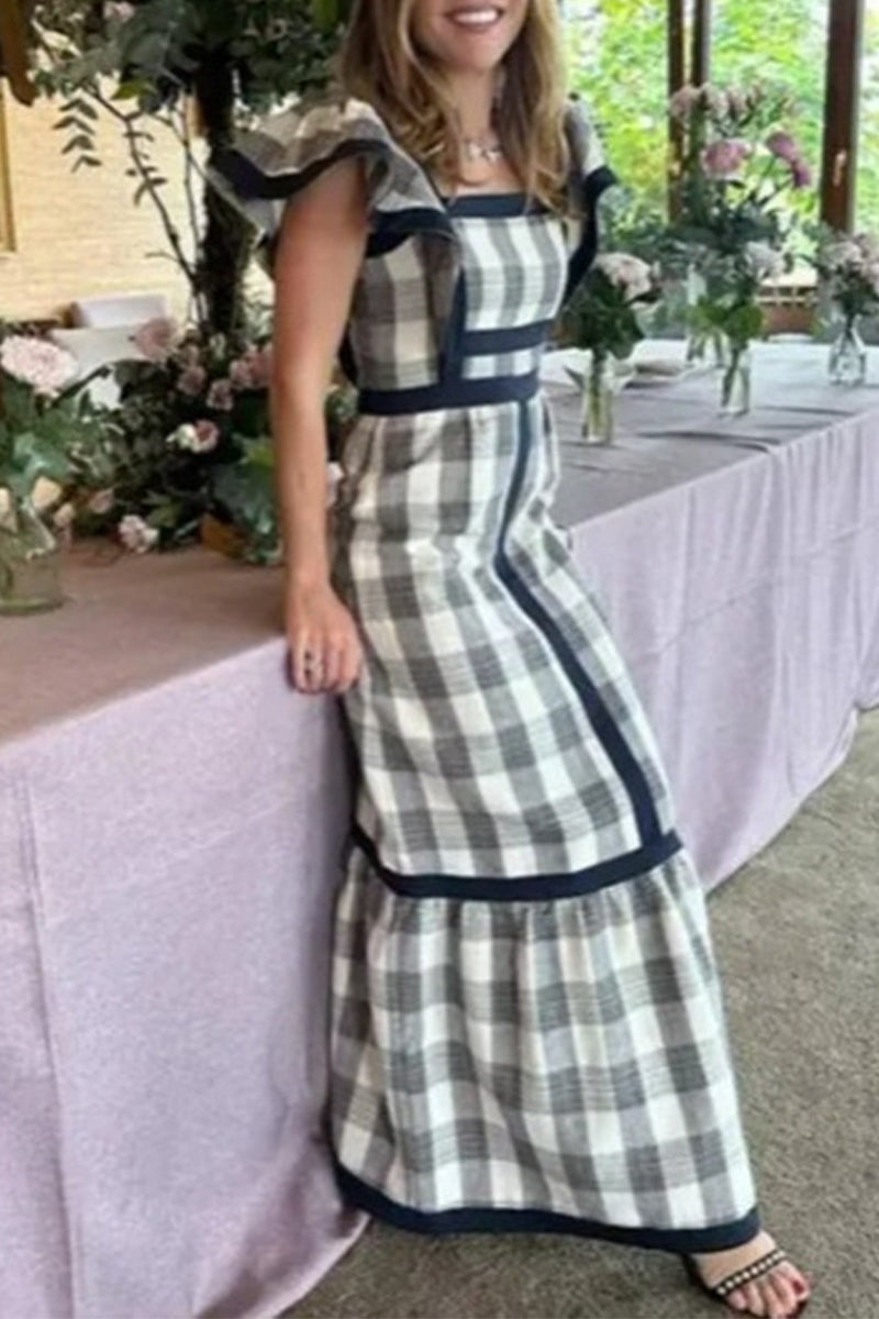 Robes A-line décontractées et élégantes, à carreaux, patchwork, col carré et volant (3 couleurs)