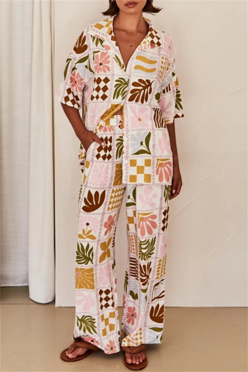 Ensemble deux pièces décontracté à imprimé floral, col montant basique, manches courtes.