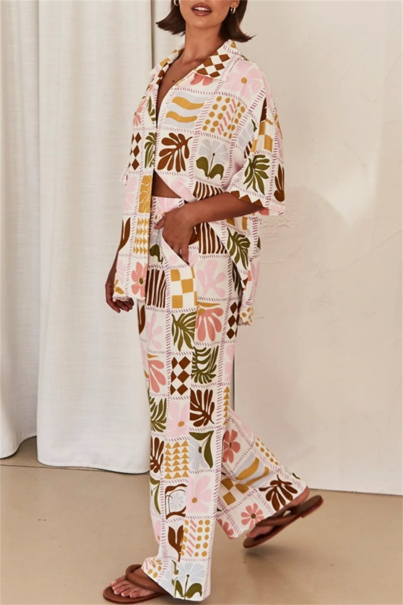 Ensemble deux pièces décontracté à imprimé floral, col montant basique, manches courtes.