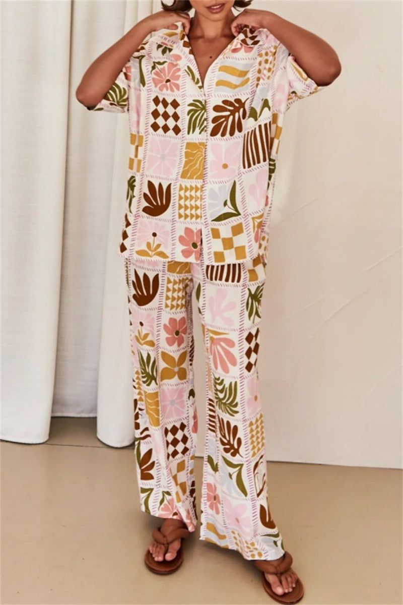 Ensemble deux pièces décontracté à imprimé floral, col montant basique, manches courtes.