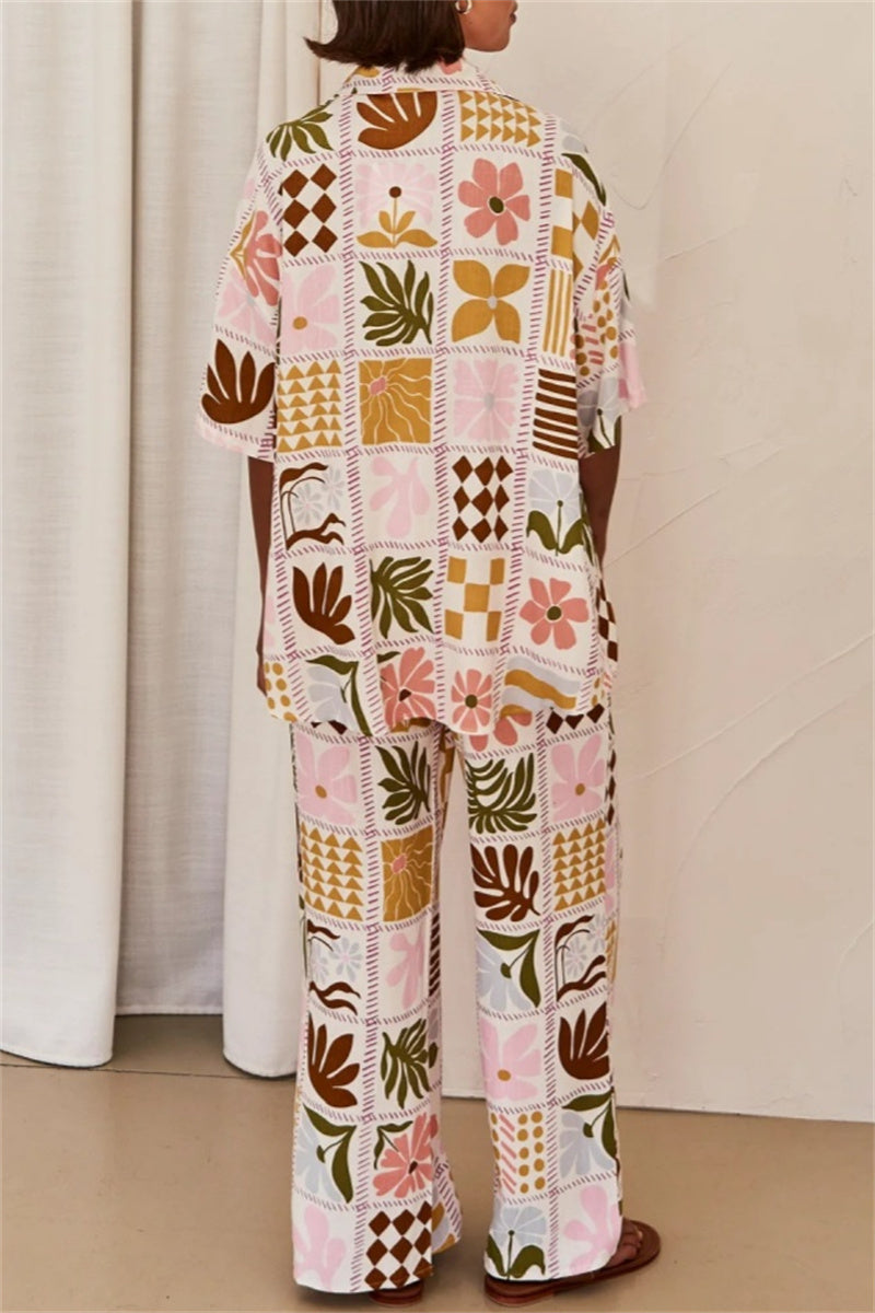 Ensemble deux pièces décontracté à imprimé floral, col montant basique, manches courtes.