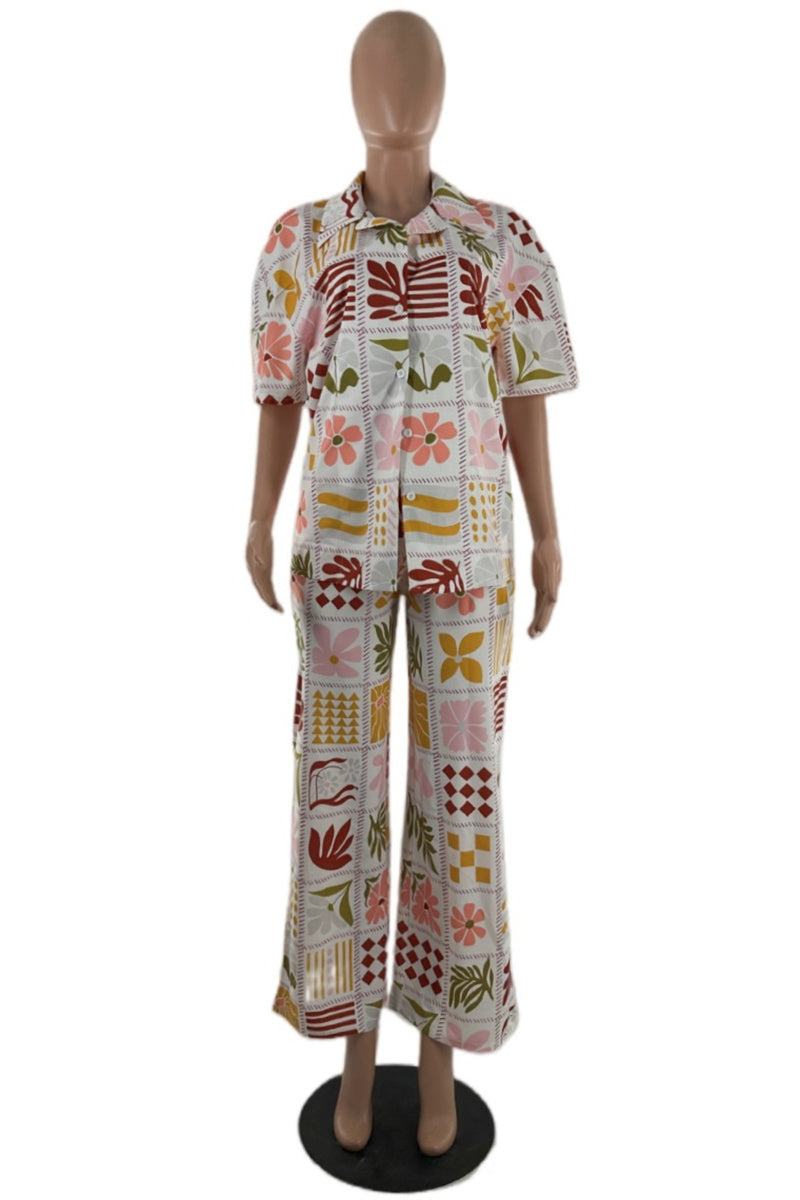 Ensemble deux pièces décontracté à imprimé floral, col montant basique, manches courtes.