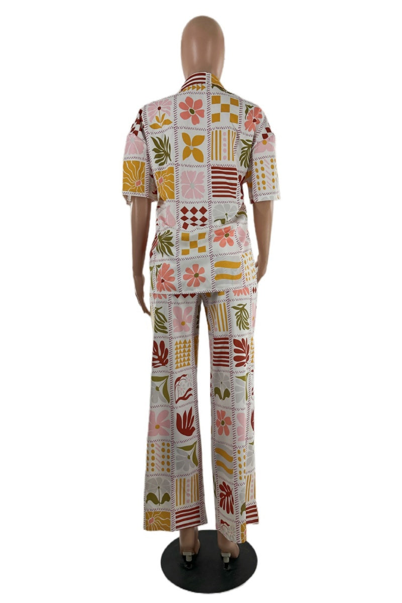 Ensemble deux pièces décontracté à imprimé floral, col montant basique, manches courtes.