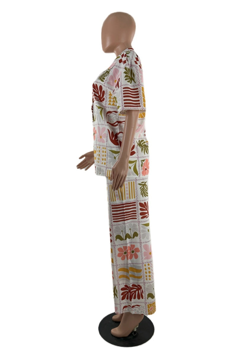 Ensemble deux pièces décontracté à imprimé floral, col montant basique, manches courtes.