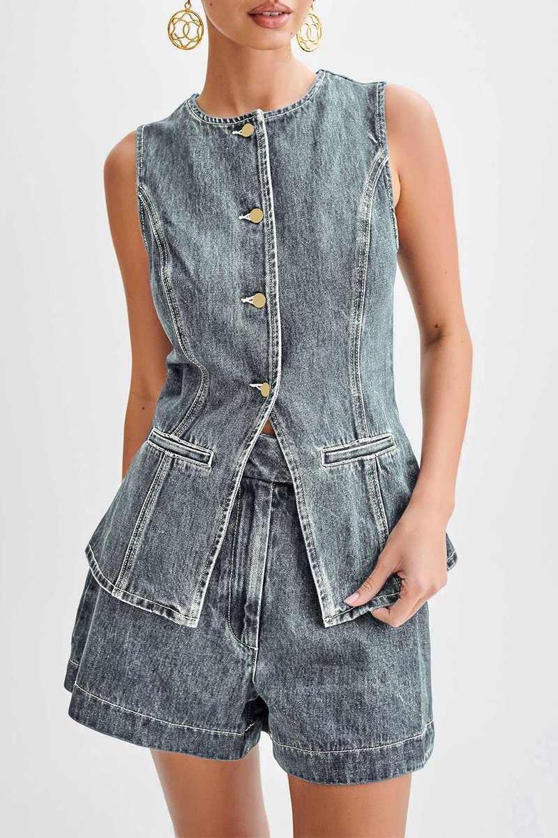 Tenue décontractée, deux pièces, couleur unie, boutons, patchwork, col rond, sans manches (4 couleurs)