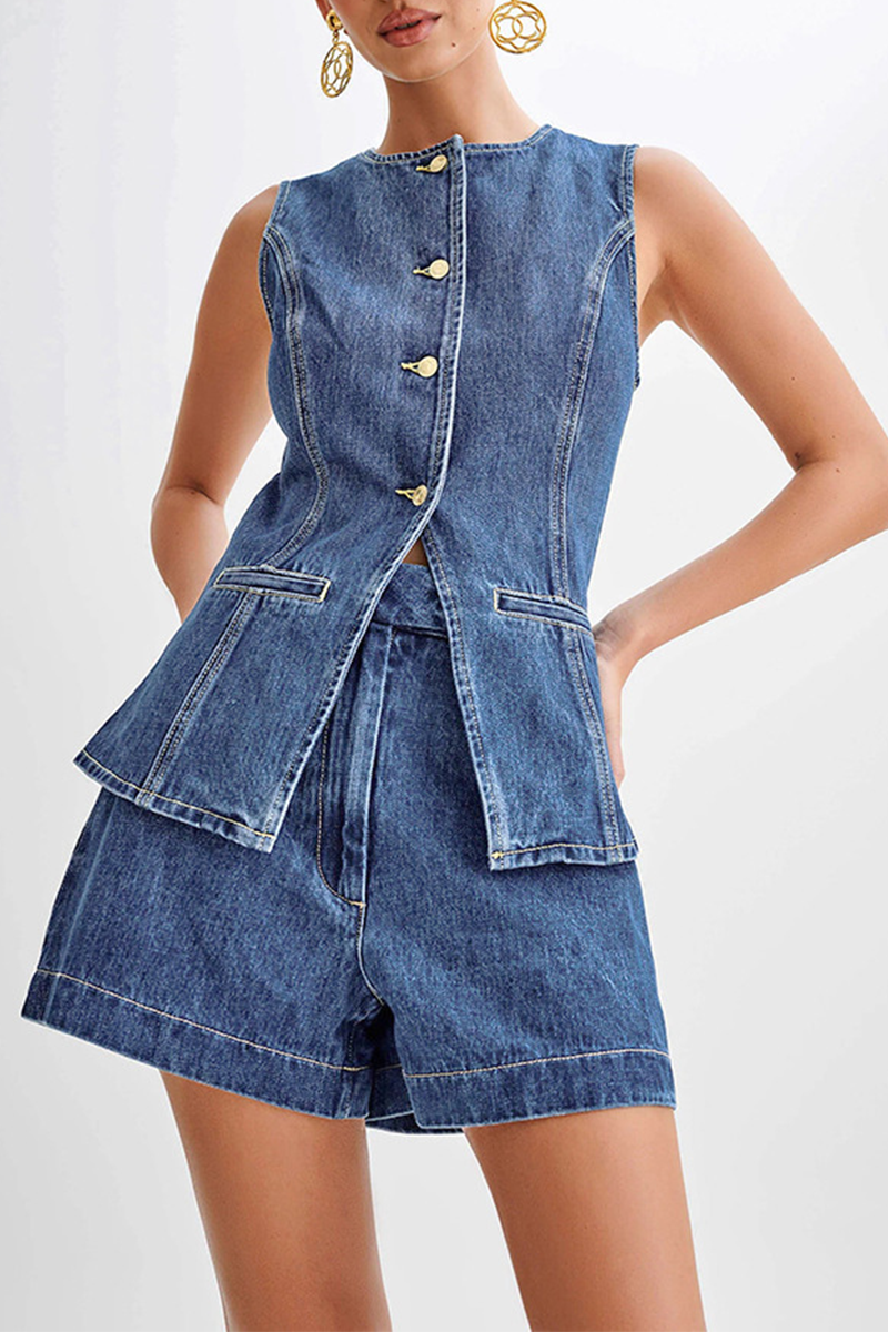 Tenue décontractée, deux pièces, couleur unie, boutons, patchwork, col rond, sans manches (4 couleurs)