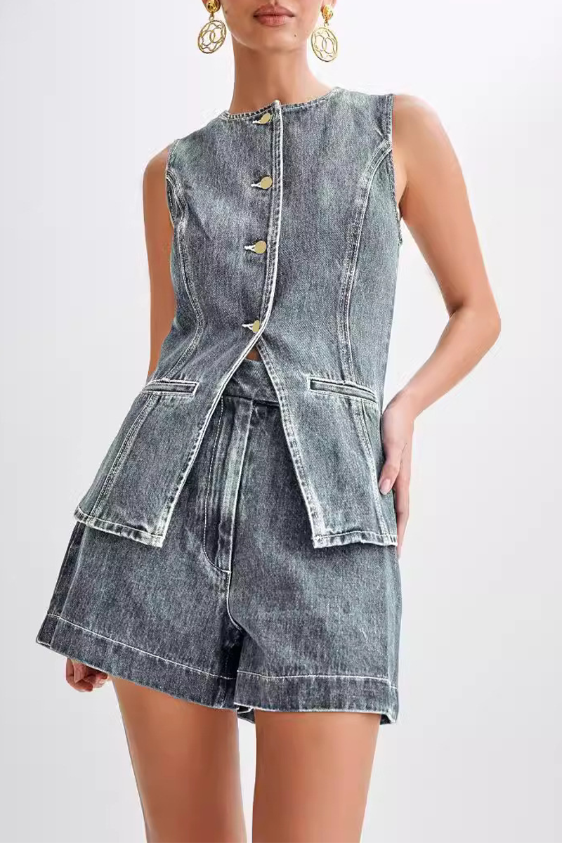 Tenue décontractée, deux pièces, couleur unie, boutons, patchwork, col rond, sans manches (4 couleurs)