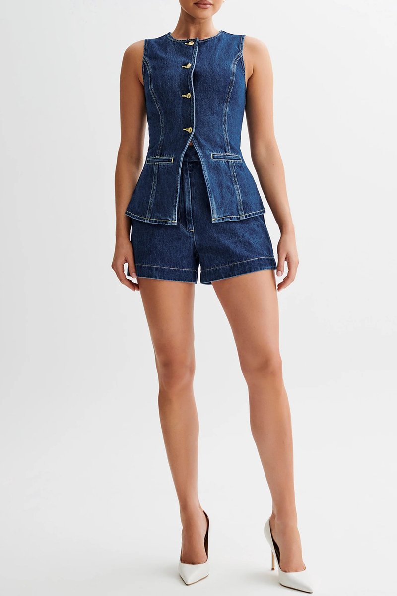 Tenue décontractée, deux pièces, couleur unie, boutons, patchwork, col rond, sans manches (4 couleurs)