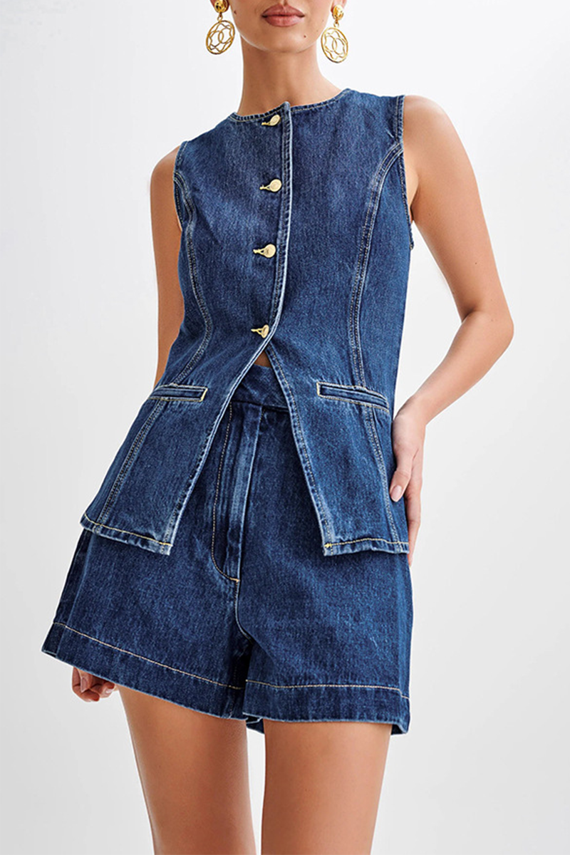 Tenue décontractée, deux pièces, couleur unie, boutons, patchwork, col rond, sans manches (4 couleurs)