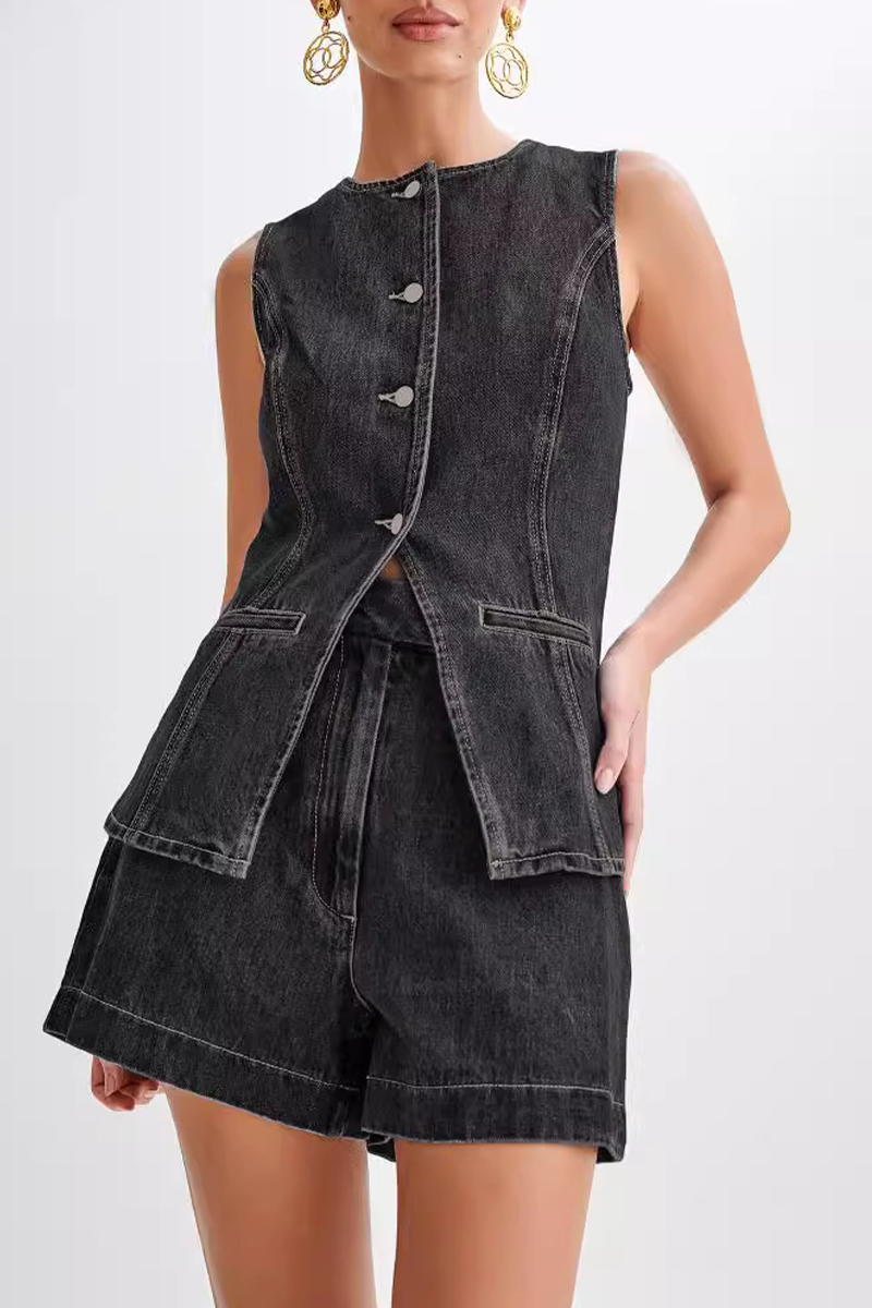 Tenue décontractée, deux pièces, couleur unie, boutons, patchwork, col rond, sans manches (4 couleurs)