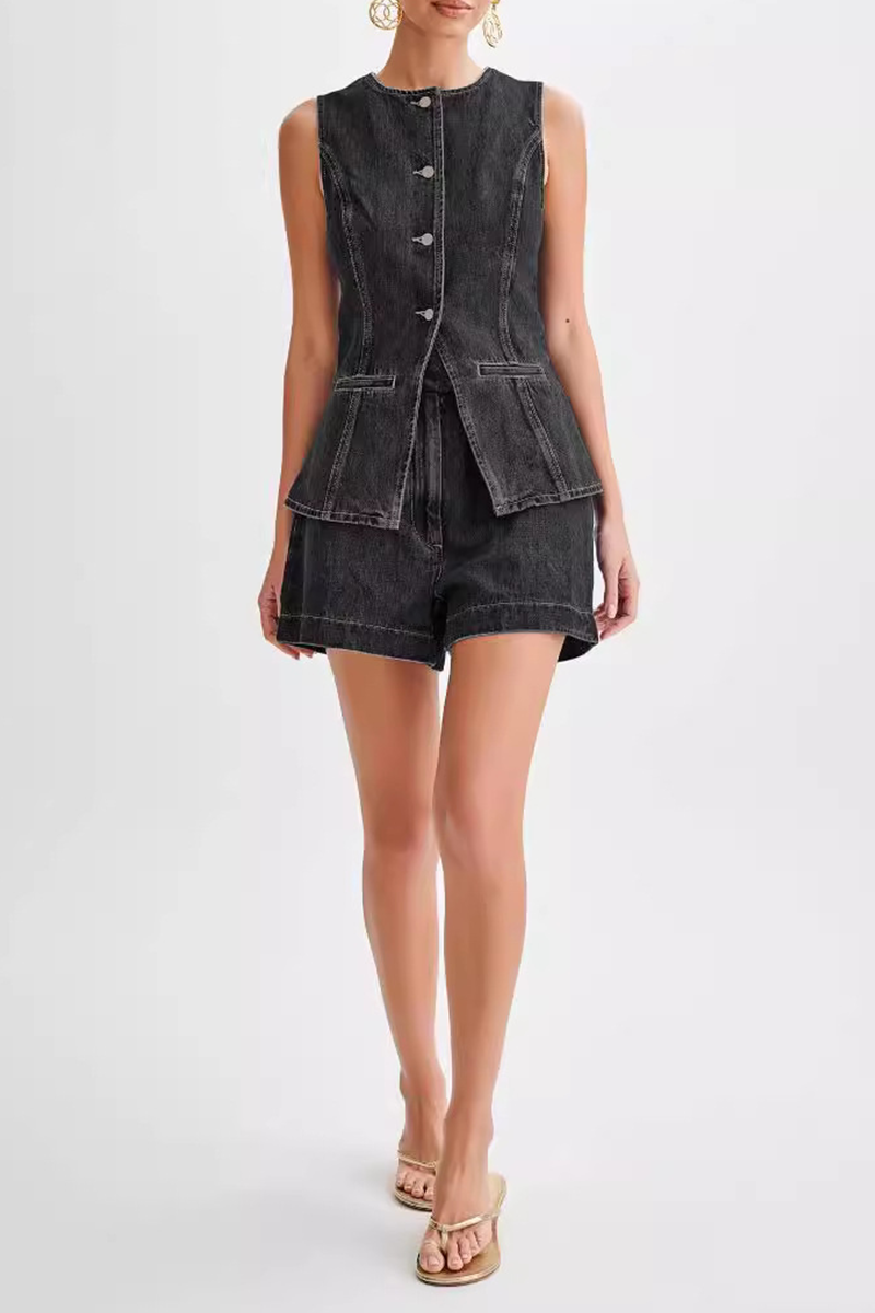 Tenue décontractée, deux pièces, couleur unie, boutons, patchwork, col rond, sans manches (4 couleurs)