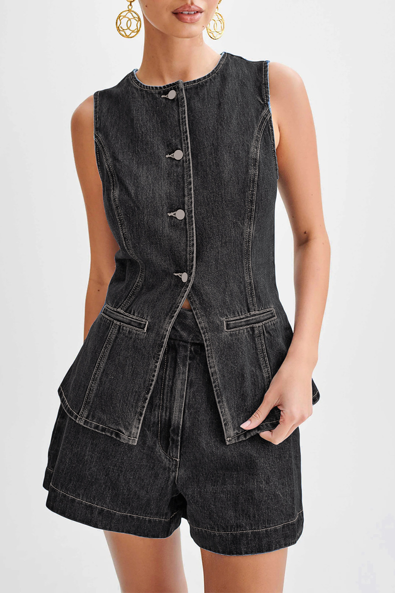 Tenue décontractée, deux pièces, couleur unie, boutons, patchwork, col rond, sans manches (4 couleurs)