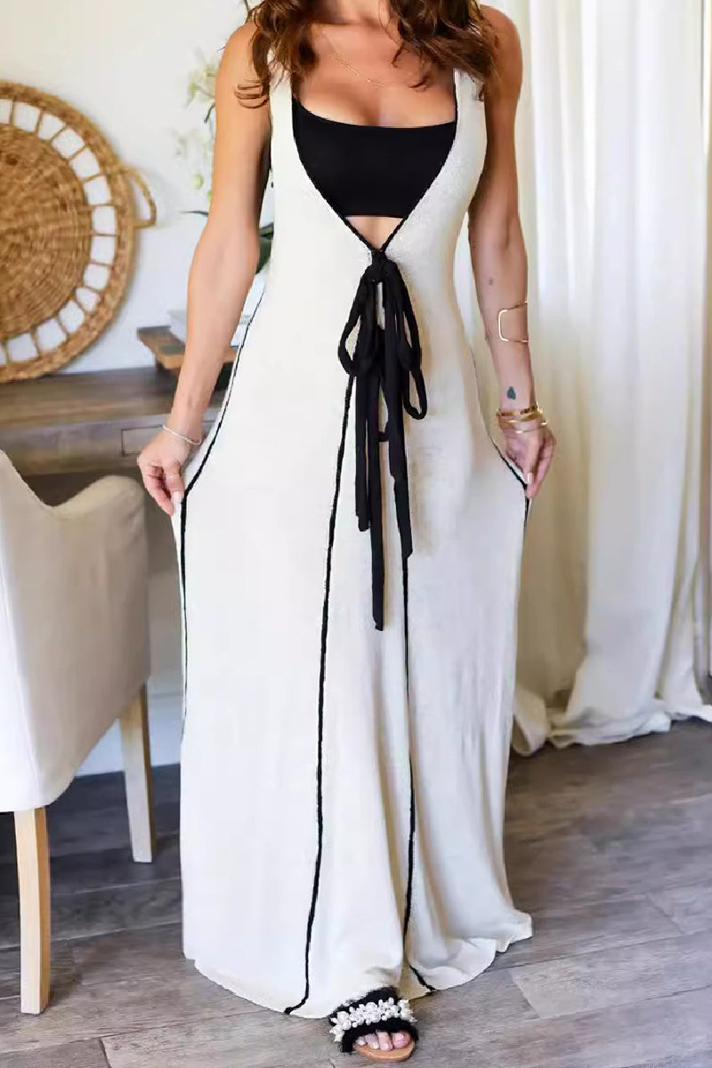 Robes longues décontractées à col en V, à patchwork et à ceinture.