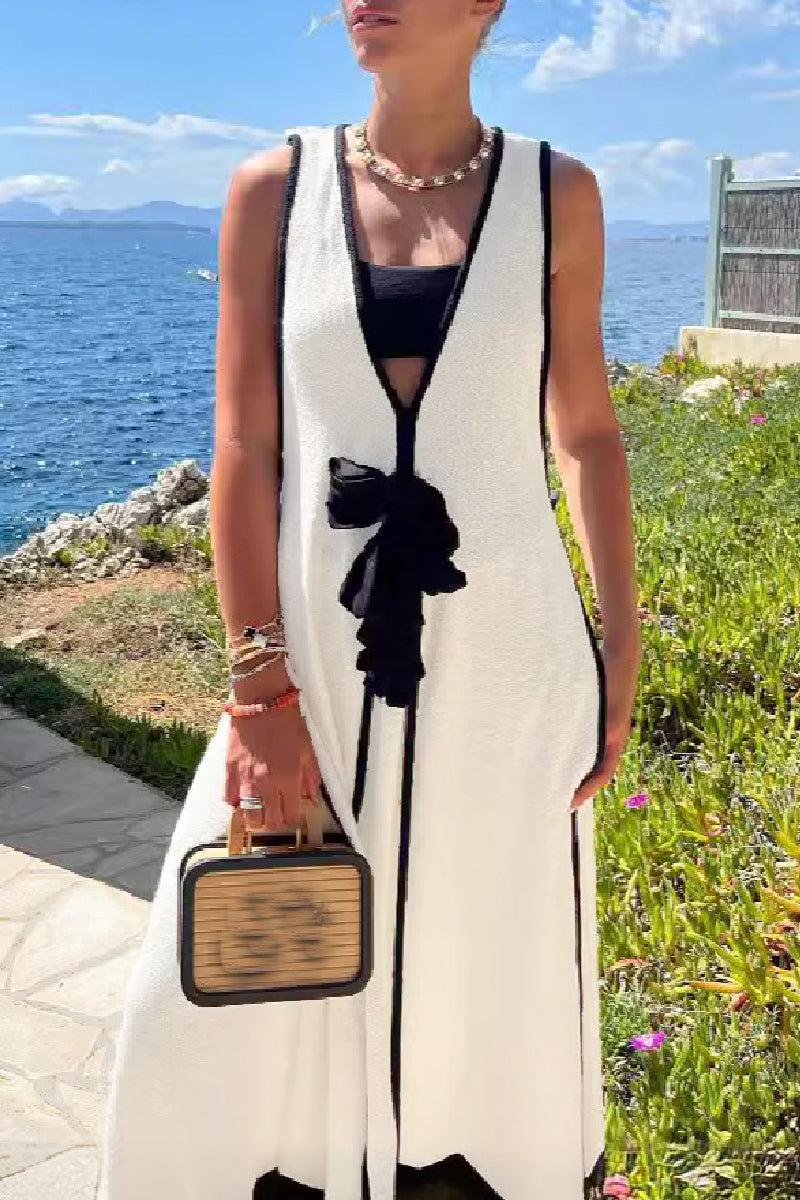 Robes longues décontractées à col en V, à patchwork et à ceinture.