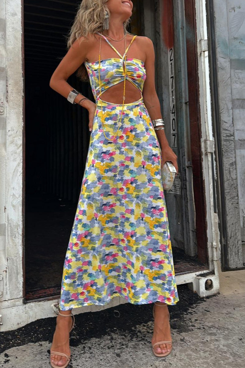 Robe-jupe portefeuille décontractée à imprimé géométrique, dos nu, col en V contrasté (deux façons de la porter)