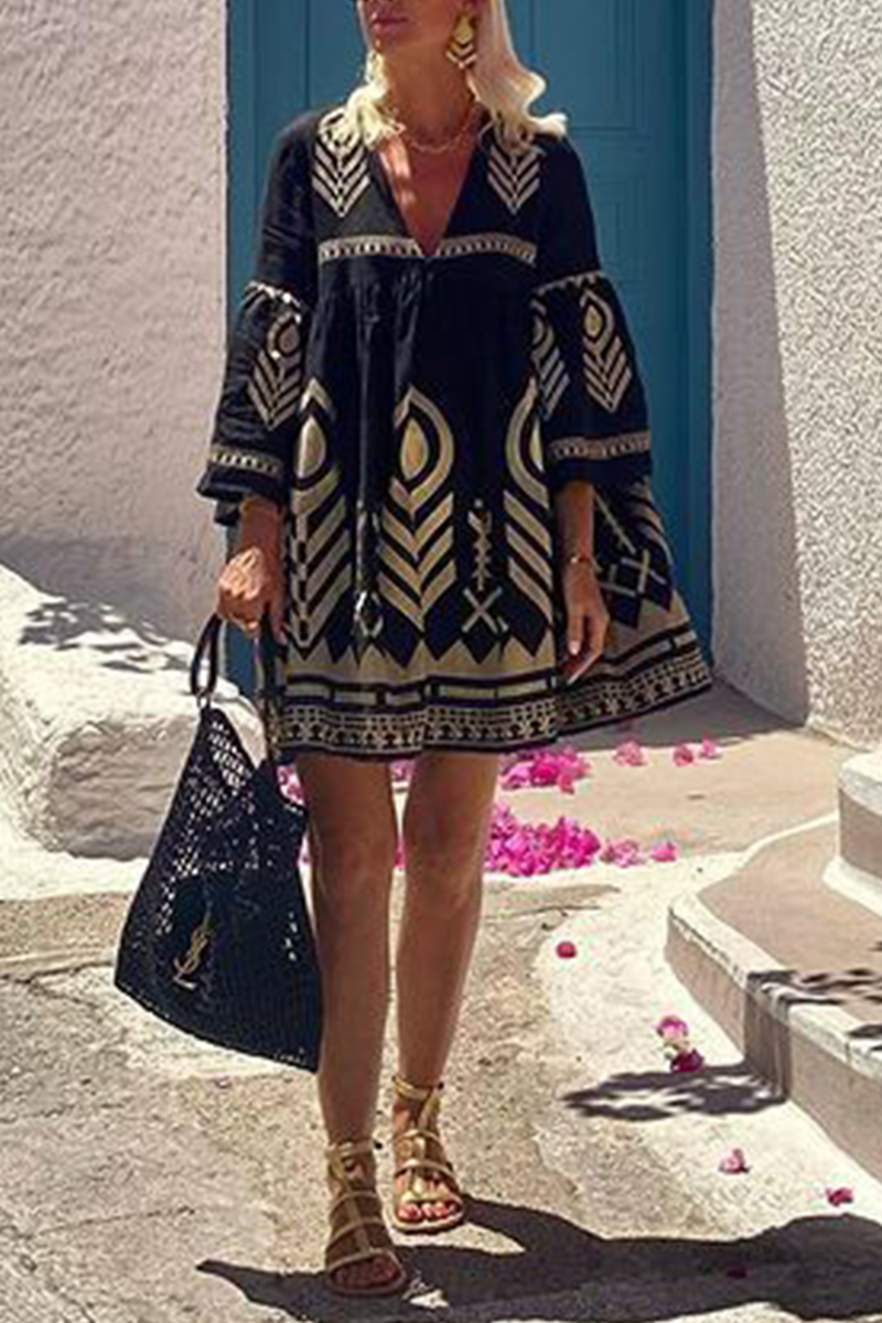 Robes décontractées à col en V, imprimé géométrique, style A-line.