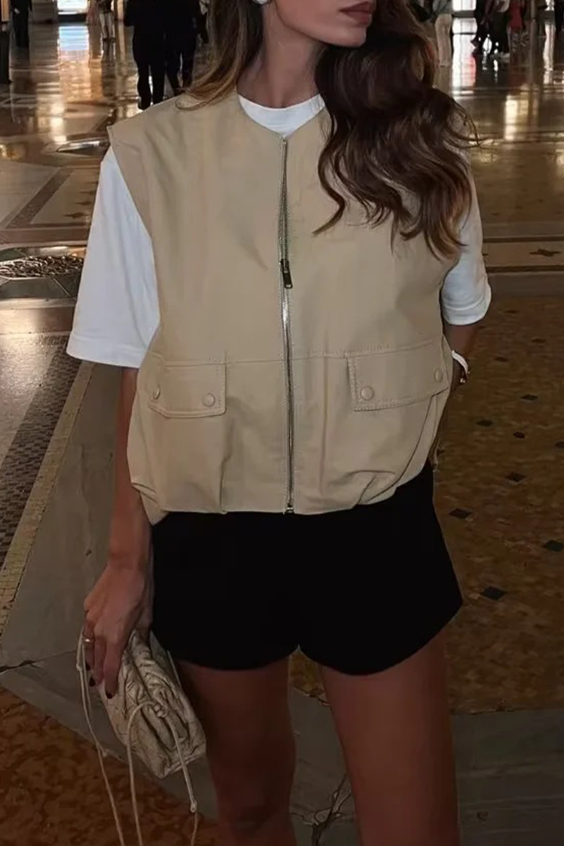 Gilets sans manches décontractés, unis, à poches, à fermeture éclair, col rond.