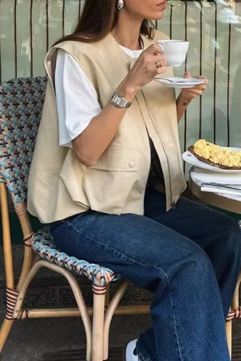 Gilets sans manches décontractés, unis, à poches, à fermeture éclair, col rond.