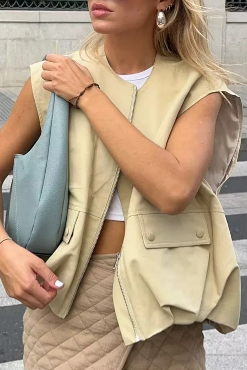 Gilets sans manches décontractés, unis, à poches, à fermeture éclair, col rond.