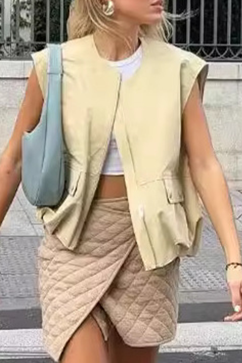 Gilets sans manches décontractés, unis, à poches, à fermeture éclair, col rond.