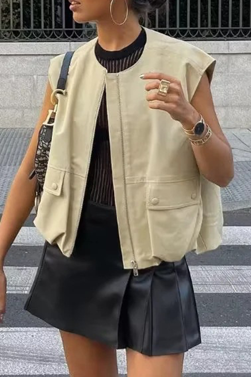 Gilets sans manches décontractés, unis, à poches, à fermeture éclair, col rond.