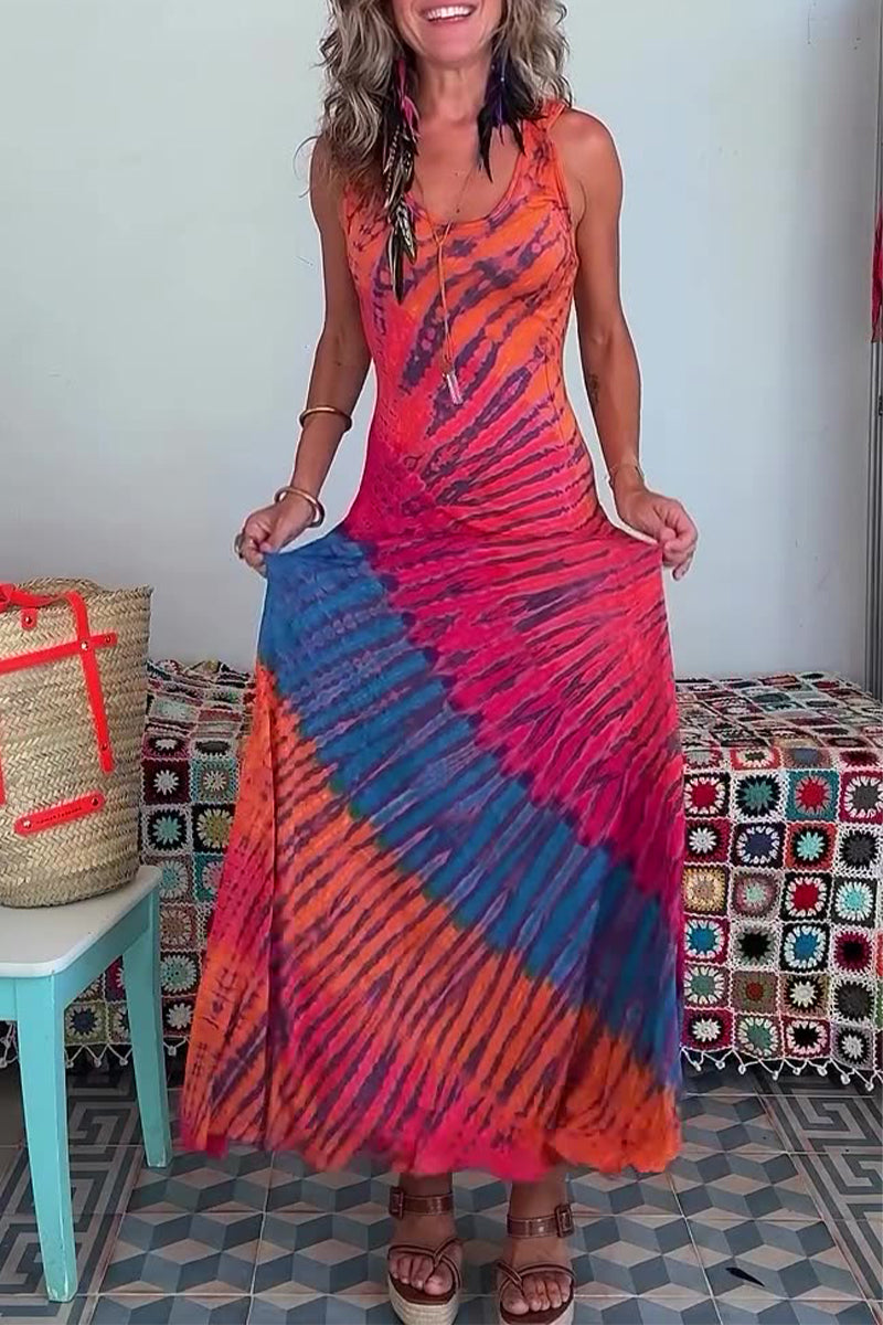 Robes imprimées sexy pour les vacances, style tie-dye, bretelles, décolleté en U contrasté.