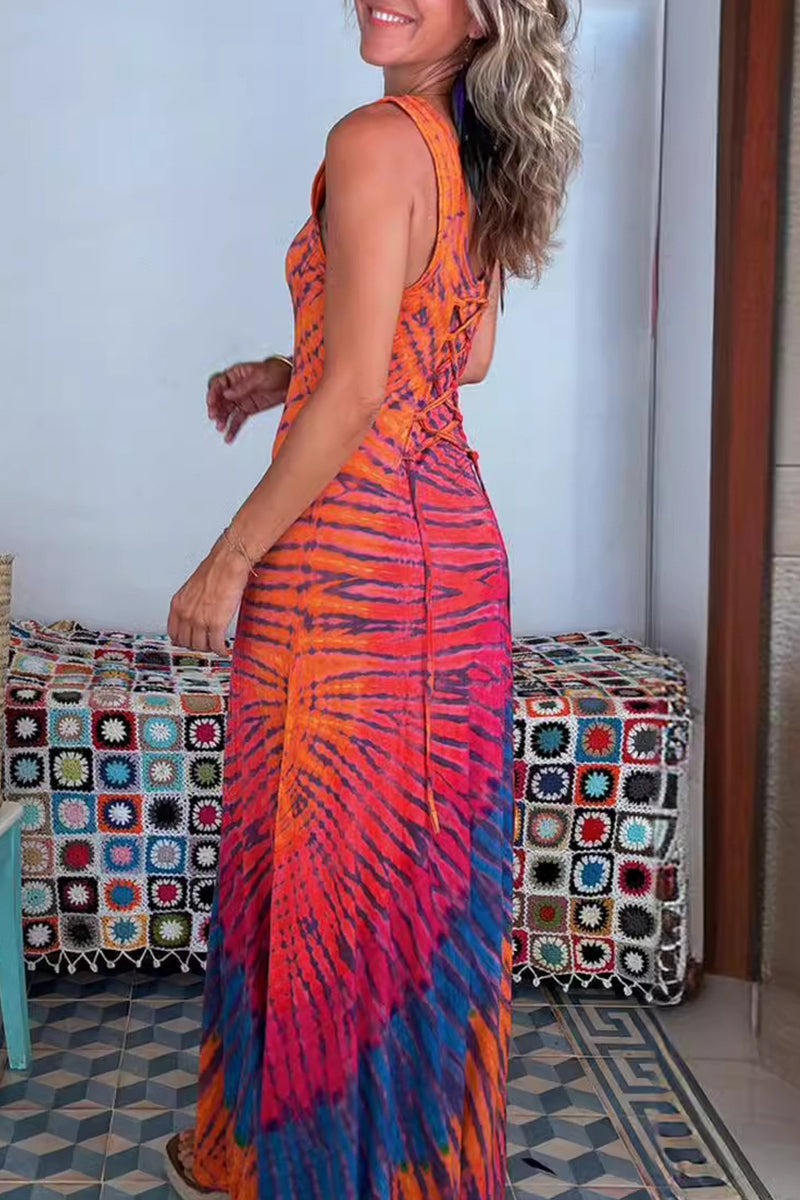 Robes imprimées sexy pour les vacances, style tie-dye, bretelles, décolleté en U contrasté.