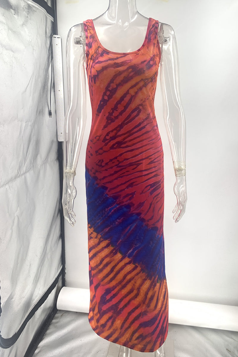 Robes imprimées sexy pour les vacances, style tie-dye, bretelles, décolleté en U contrasté.