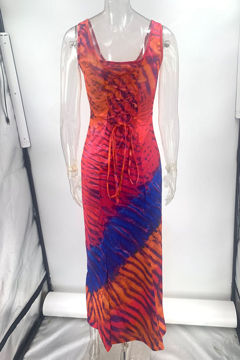 Robes imprimées sexy pour les vacances, style tie-dye, bretelles, décolleté en U contrasté.