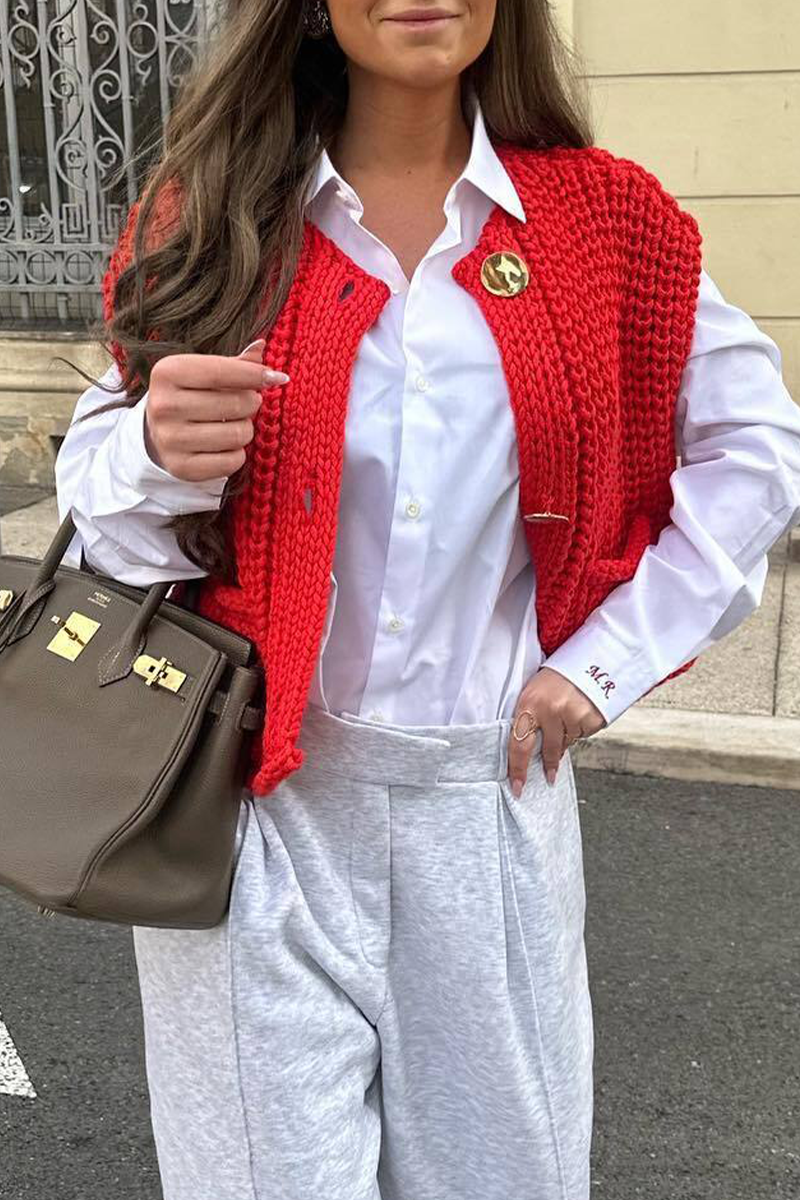 Hauts décontractés, couleur unie, à porter au quotidien, avec poches, boutons, col rond et en maille (3 couleurs)