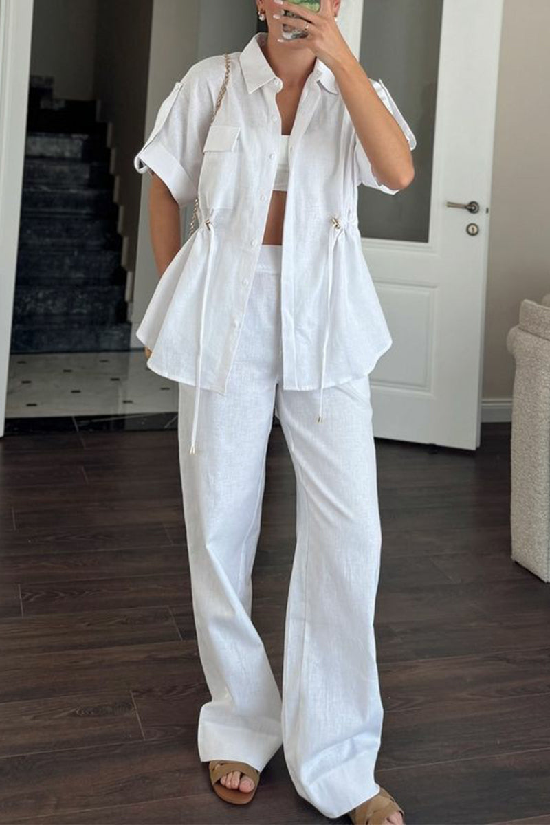 Ensemble deux pièces décontracté, uni, à porter au quotidien, avec cordon de serrage, poches, col rabattu et manches courtes (3 couleurs)