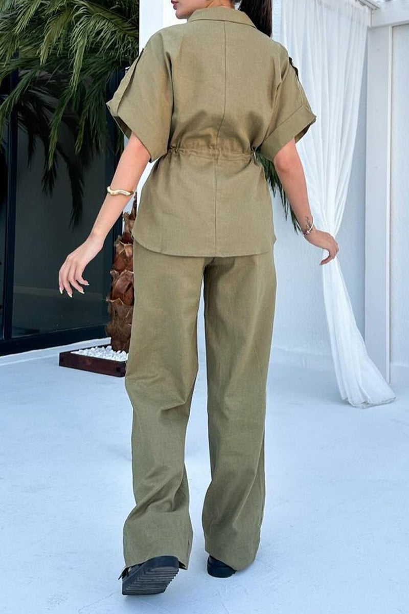 Ensemble deux pièces décontracté, uni, à porter au quotidien, avec cordon de serrage, poches, col rabattu et manches courtes (3 couleurs)