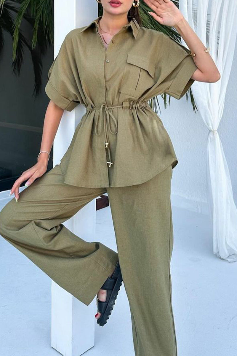 Ensemble deux pièces décontracté, uni, à porter au quotidien, avec cordon de serrage, poches, col rabattu et manches courtes (3 couleurs)