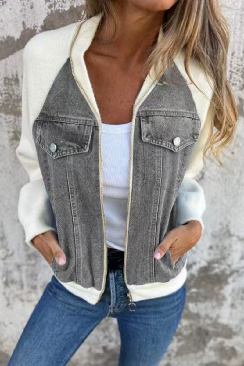 Vêtements d'extérieur décontractés, patchwork, couleur unie, fermeture éclair, col montant contrasté (8 couleurs)