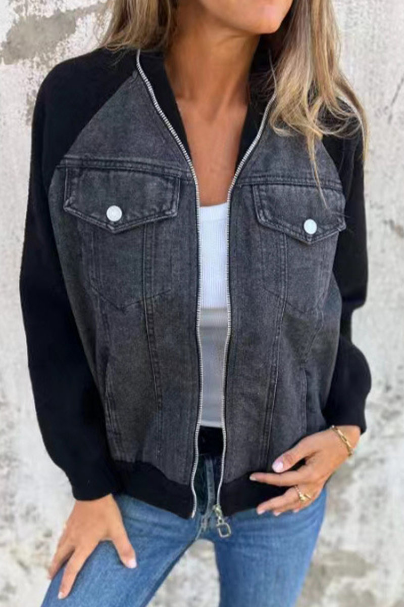 Vêtements d'extérieur décontractés, patchwork, couleur unie, fermeture éclair, col montant contrasté (8 couleurs)