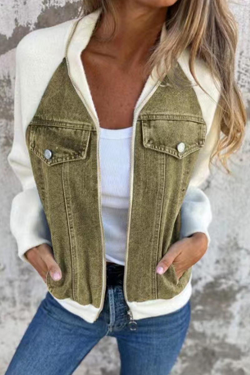 Vêtements d'extérieur décontractés, patchwork, couleur unie, fermeture éclair, col montant contrasté (8 couleurs)