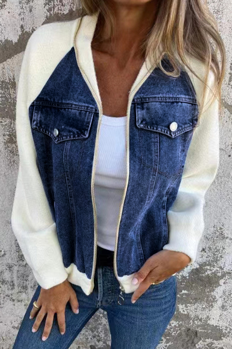 Vêtements d'extérieur décontractés, patchwork, couleur unie, fermeture éclair, col montant contrasté (8 couleurs)