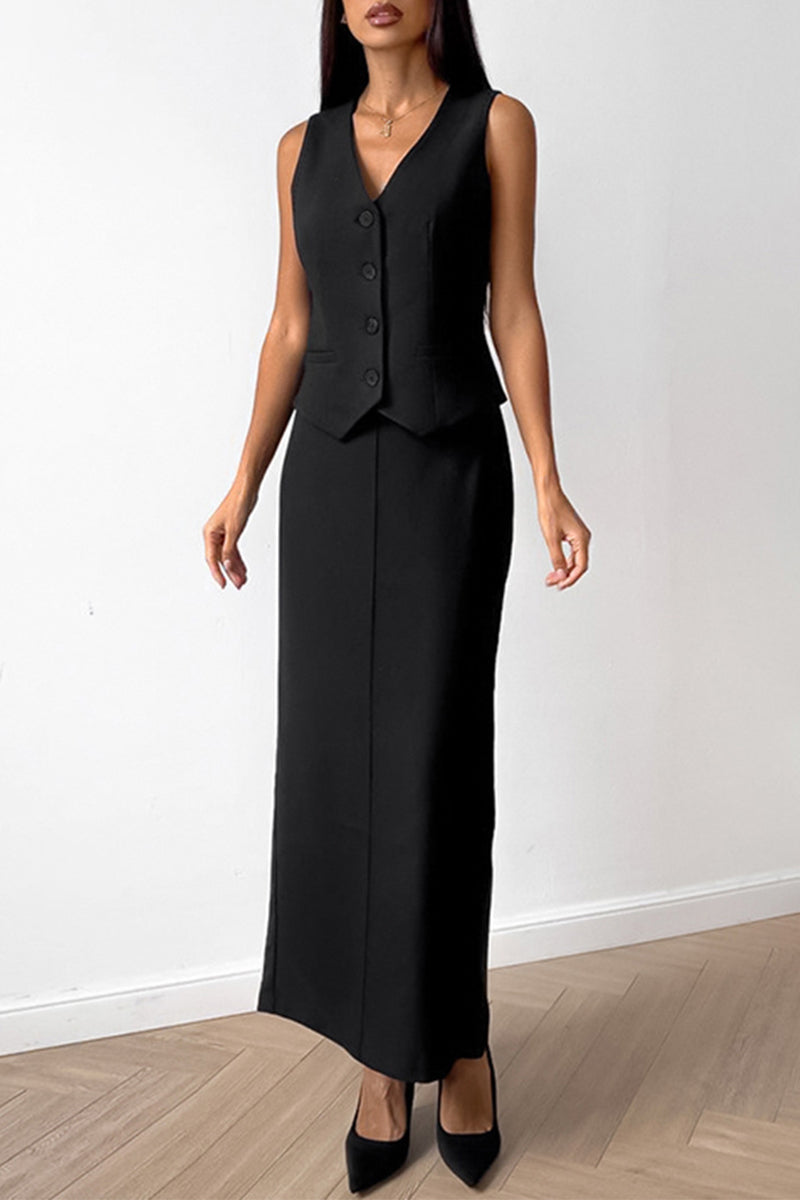 Ensemble deux pièces décontracté, uni, boutonné, col en V, sans manches, pour tous les jours.