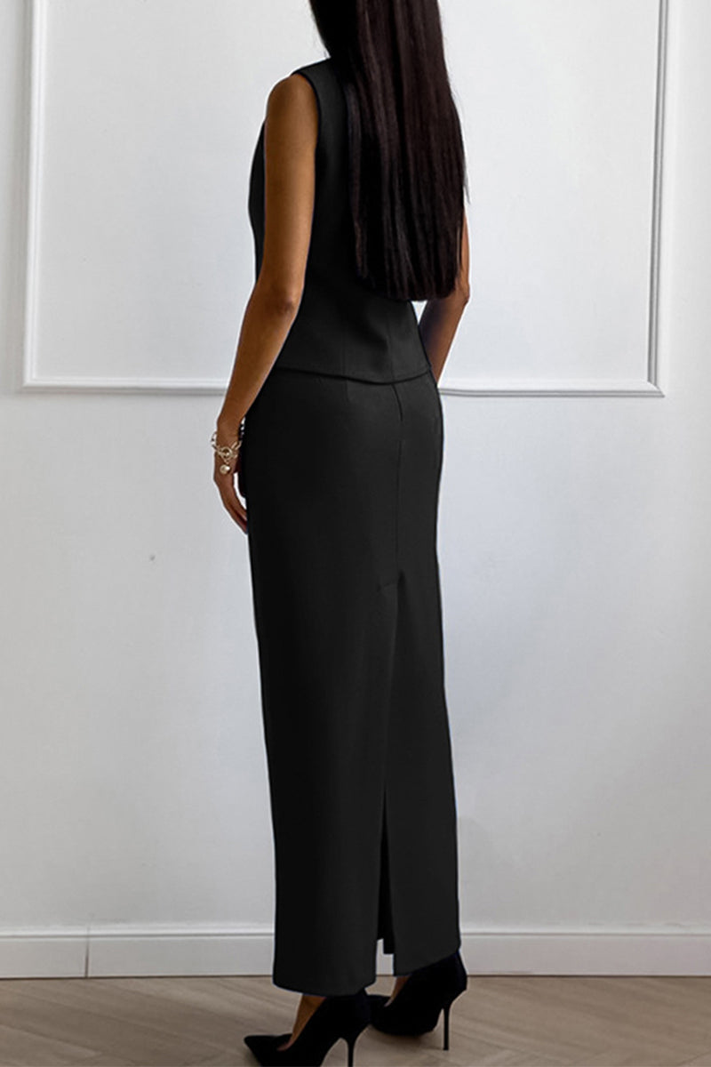 Ensemble deux pièces décontracté, uni, boutonné, col en V, sans manches, pour tous les jours.