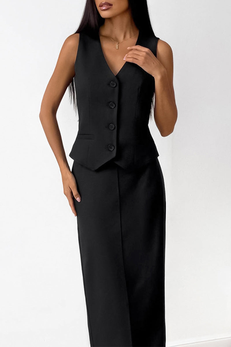 Ensemble deux pièces décontracté, uni, boutonné, col en V, sans manches, pour tous les jours.