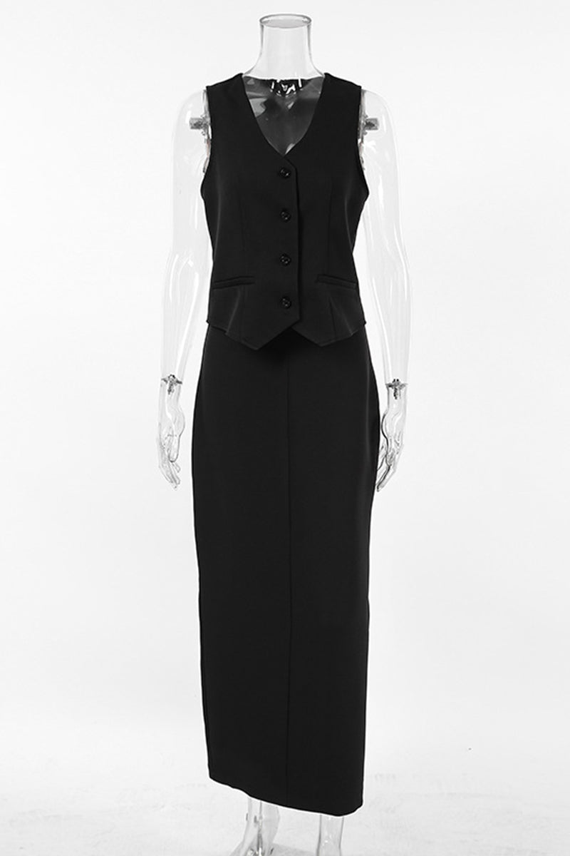 Ensemble deux pièces décontracté, uni, boutonné, col en V, sans manches, pour tous les jours.