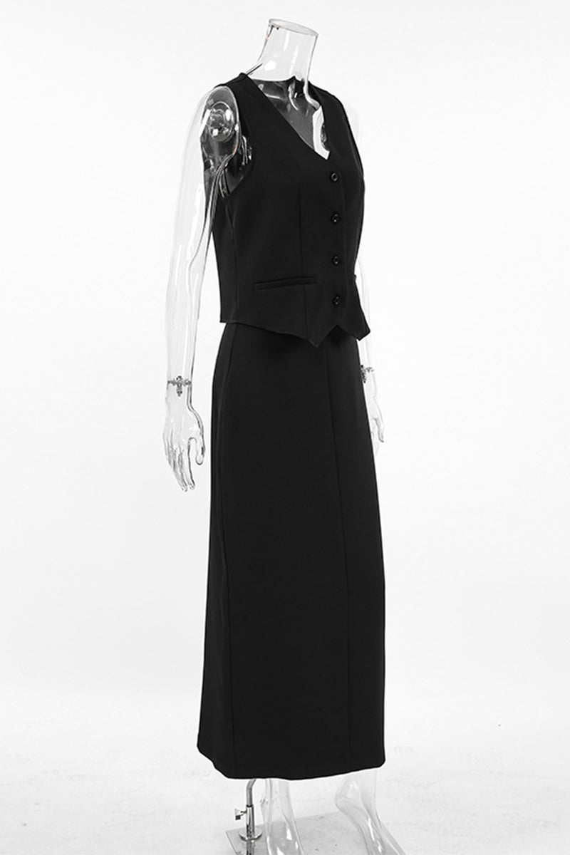 Ensemble deux pièces décontracté, uni, boutonné, col en V, sans manches, pour tous les jours.