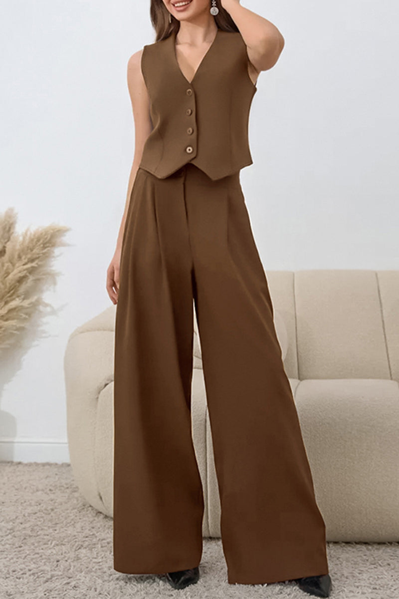 Ensemble deux pièces décontracté, uni, à col en V, sans manches, avec détail noué et boucle.