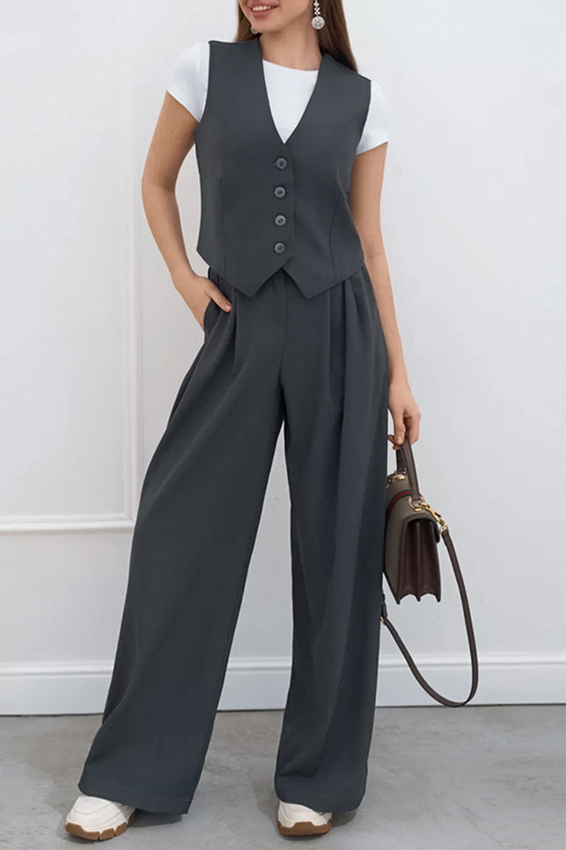 Ensemble deux pièces décontracté, uni, à col en V, sans manches, avec détail noué et boucle.