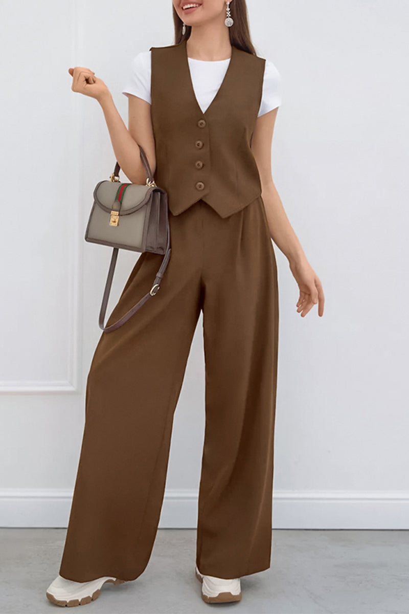 Ensemble deux pièces décontracté, uni, à col en V, sans manches, avec détail noué et boucle.