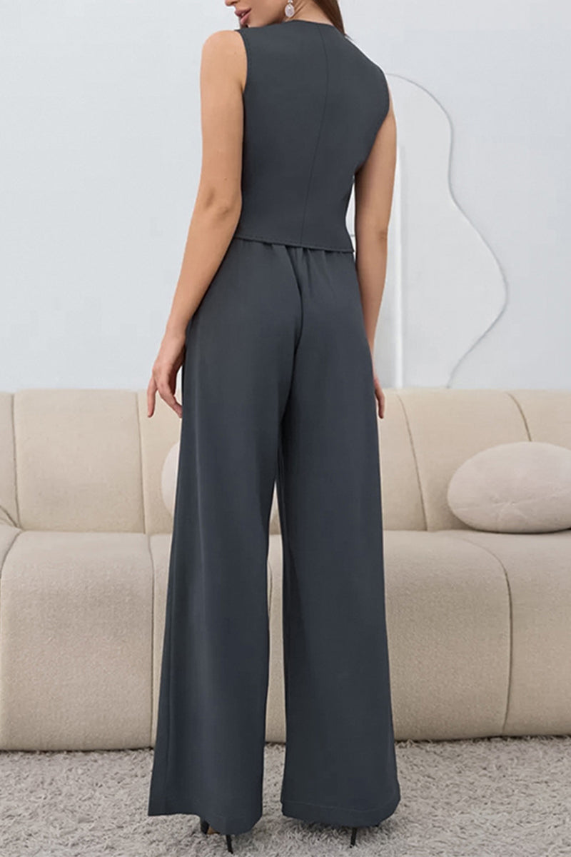 Ensemble deux pièces décontracté, uni, à col en V, sans manches, avec détail noué et boucle.